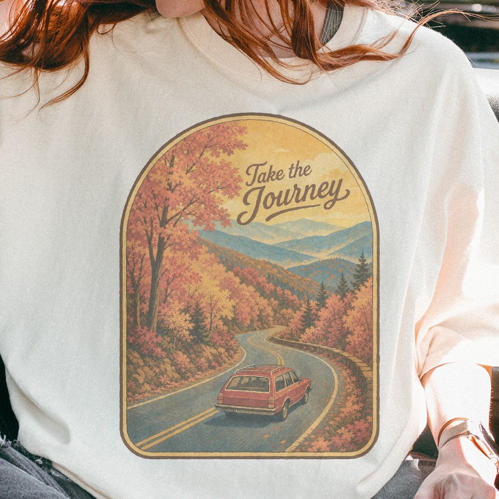 Take the Journey Station Wagon Winding Through Autumn Mountains Tee